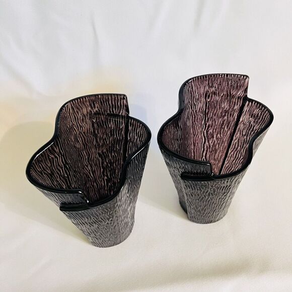 Partylite Glass Candle Holders Vase Wrapped Bark Dark Amethyst Plum Set of 2 - Picture 8 of 10